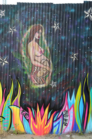 NEW YORK - JULY 1  Mural in Red Hook section of Brooklyn on July 1, 2014  A mural is any piece of artwork painted or applied directly on a wall, ceiling or other large permanent surfaceのeditorial素材