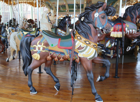 BROOKLYN - April 24 Horses on a traditional fairground Jane s carousel in Brooklyn on April 24, 2014  It is historic and beautifully restored carousel build in 1922 a gift of Jane and David Walentas のeditorial素材