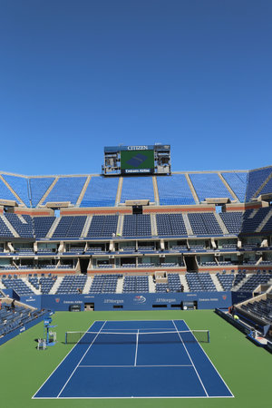NEW YORK- AUGUST 18  Arthur Ashe Stadium at the Billie Jean King National Tennis Center ready for US Open tournament on August 18, 2014 in New Yorkのeditorial素材