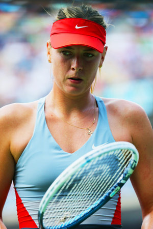 NEW YORK- AUGUST 31: Five times Grand Slam champion Mariya Sharapova during third round match at US Open 2014 against Caroline Wozniacki at Arthur Ashe stadium on August 31, 2014 in New Yorkのeditorial素材