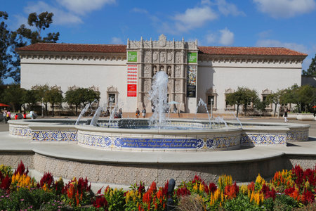 SAN DIEGO, CALIFORNIA - SEPTEMBER 28: San Diego Museum of Art and Plaza de Panama Fountain in Balboa...