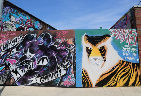 NEW YORK - JUNE 1: Mural art at East Williamsburg in Brooklyn on June 1, 2014. Outdoor art gallery known as the Bushwick Collective has most diverse collection of street art in Brooklynのeditorial素材