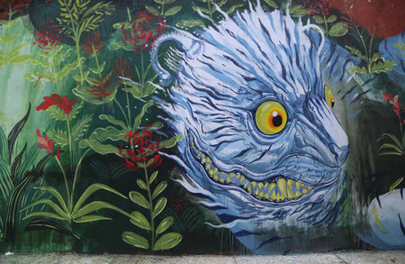 NEW YORK - JULY 24 Mural art at East Williamsburg in Brooklyn on July 24, 2014.Outdoor art gallery known as the Bushwick Collective has most diverse collection of street art in Brooklynのeditorial素材