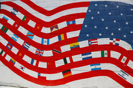 NEW YORK - JULY 24 Mural art in Astoria section in Queens on July 24, 2014. A mural is any piece of artwork painted or applied directly on a wall, ceiling or other large permanent surfaceのeditorial素材