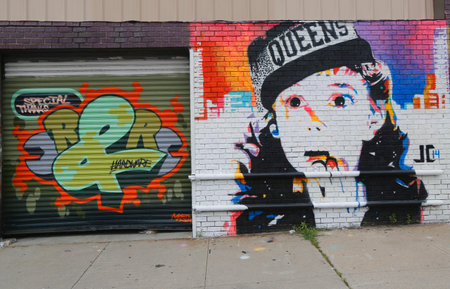 NEW YORK - JULY 24 Mural art in Astoria section in Queens on July 24, 2014のeditorial素材