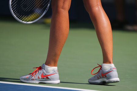 NEW YORK - AUGUST 31 Five times Grand Slam champion Mariya Sharapova wears custom Nike tennis shoes during match at US Open 2014 at Billie Jean King National Tennis Center on August 31, 2014 in NYのeditorial素材