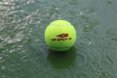 NEW YORK - AUGUST 31: Tennis ball at rain delay during US Open 2014 at Arthur Ashe Stadium at Billie Jean King National Tennis Center on August 31, 2014 in Flushing, NYのeditorial素材