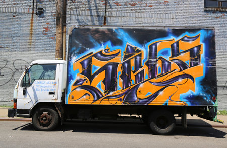 NEW YORK - JUNE 1: Truck painted with graffiti at East Williamsburg in Brooklyn on June 1, 2014.のeditorial素材