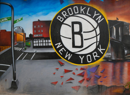 NEW YORK - NOVEMBER 13: Brooklyn Nets Mural in Park Slope section of Brooklyn on November 13, 2014. A mural is any piece of artwork painted or applied directly on a wall, ceiling or other  surfaceのeditorial素材