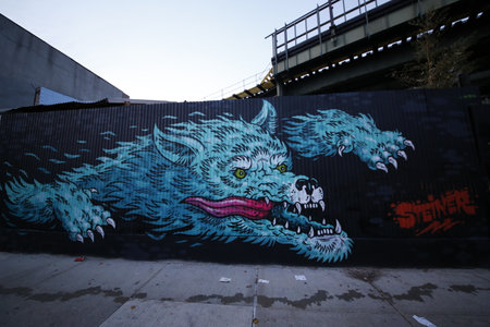 NEW YORK - NOVEMBER 4: Mural art at East Williamsburg in Brooklyn on November 4, 2014. Outdoor art gallery known as the Bushwick Collective has most diverse collection of street art in Brooklynのeditorial素材