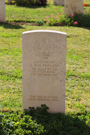 BEER SHEBA, ISRAEL - NOVEMBER 28: Gravestone of fallen The Black Watch Scottish  Horse private at...