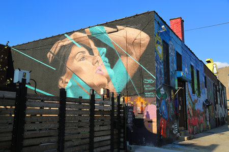 NEW YORK - NOVEMBER 20 Mural art at East Williamsburg in Brooklyn on November 20, 2014.Outdoor art gallery known as the Bushwick Collective has most diverse collection of street art in Brooklynのeditorial素材