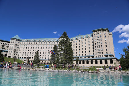 LAKE LOUISE, CANADA - JULY 27: View of the famous Fairmont Chateau Lake Louise Hotel on July 27, 2014. Lake Louise is the second most-visited destination in the Banff National Parkのeditorial素材