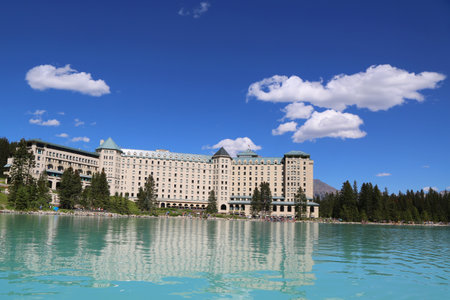 LAKE LOUISE, CANADA - JULY 27: View of the famous Fairmont Chateau Lake Louise Hotel on July 27, 2014. Lake Louise is the second most-visited destination in the Banff National Parkのeditorial素材