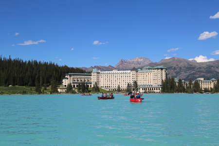 LAKE LOUISE, CANADA - JULY 27: View of the famous Fairmont Chateau Lake Louise Hotel on July 27, 2014. Lake Louise is the second most-visited destination in the Banff National Parkのeditorial素材