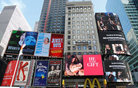 NEW YORK - DECEMBER 18: Broadway signs in Manhattan on December 18, 2014. With over 40 prominent theater houses, Broadway theater is considered one of the world s highest levels of commercial theaterのeditorial素材