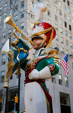 NEW YORK CITY- DECEMBER 18: Wooden toy soldier bugler Christmas decoration at the Rockefeller Center in Midtown Manhattan on December 18, 2014のeditorial素材