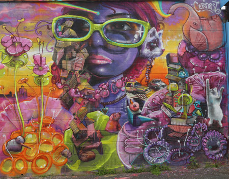 NEW YORK - JULY 24 Mural art in Astoria section in Queens on July 24, 2014. A mural is any piece of artwork painted or applied directly on a wall, ceiling or other large permanent surfaceのeditorial素材