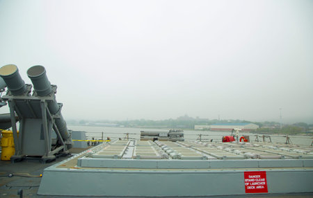 NEW YORK - MAY 22: Harpoon cruise missile launchers and 90-cell Vertical Launching System for...