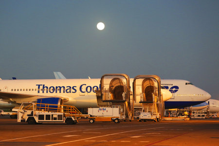 PUNTA CANA, DOMINICAN REPUBLIC -JANUARY 4, 2015: Thomas Cook airlines plane at Punta Cana International Airport. Punta Cana Airport currently serves as a destination for 53 different airlinesのeditorial素材