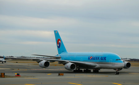 NEW YORK - DECEMBER 30, 2014: Korean Air Airbus A380 aircraft taxing  at John F Kennedy International Airport in New Yorkのeditorial素材