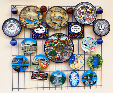 HAIFA, ISRAEL - NOVEMBER 26, 2014: Israeli Souvenirs on display in Haifa, Israelのeditorial素材