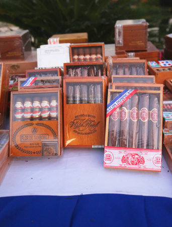 PUNTA CANA, DOMINICAN REPUBLIC - JANUARY 2, 2015: Boxes of Dominican cigars on display in Punta Canaのeditorial素材