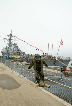 NEW YORK - MAY 22, 2014: Bomb squad suit on display during Fleet Week 2014 in New York