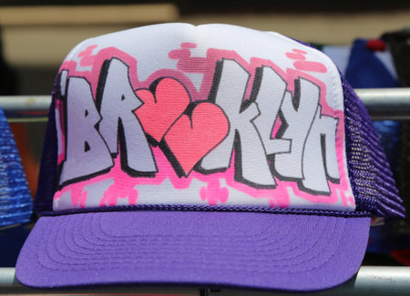 BROOKLYN, NEW YORK - JUNE 1, 2014: Graffiti style Brooklyn sign hat on display at Annual Bushwick Collective Jam Block Party at East Williamsburg in Brooklynのeditorial素材