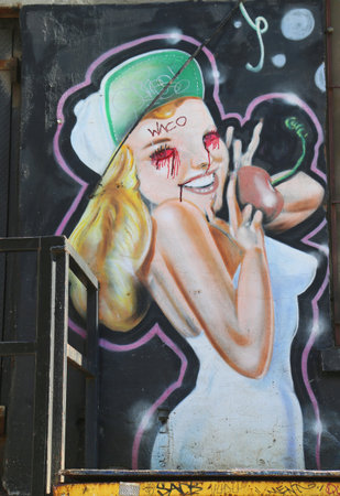 NEW YORK - JULY 24, 2014: Mural art at East Williamsburg in Brooklyn. Outdoor art gallery known as the Bushwick Collective has most diverse collection of street art in Brooklynのeditorial素材