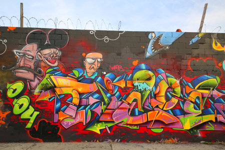 NEW YORK - DECEMBER 4, 2014: Graffiti art at East Williamsburg in Brooklyn. Outdoor art gallery known as the Bushwick Collective has most diverse collection of street art in Brooklynのeditorial素材