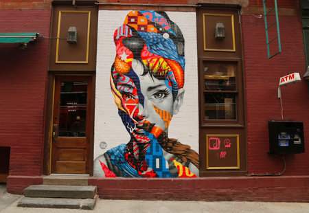 NEW YORK - FEBRUARY 26, 2015: Mural art Audrey of Mulberry by Tristan Eaton in Little Italy.のeditorial素材