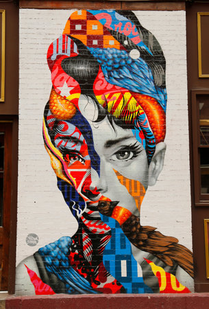 NEW YORK - FEBRUARY 26, 2015: Mural art Audrey of Mulberry by Tristan Eaton in Little Italy.のeditorial素材