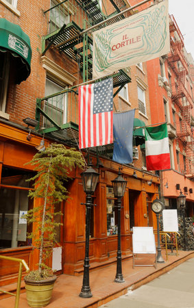 NEW YORK - FEBRUARY 26, 2015: Italian restaurant in historic Little Italy in lower Manhattan. This landmark Italian neighborhood is known for its restaurants and annual Feast of San Genarro.のeditorial素材