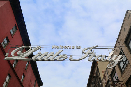 NEW YORK - FEBRUARY 26, 2015: Welcome to Little Italy sign in Lower Manhattan. Little Italy is an Italian community in Manhattan.のeditorial素材