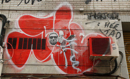 NEW YORK - FEBRUARY 26, 2015: Mural art in Little Italy in Manhattan. A mural is any piece of artwork painted or applied directly on a wall, ceiling or other large permanent surfaceのeditorial素材