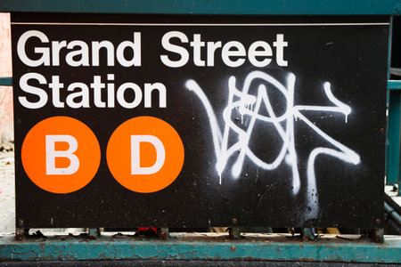 NEW YORK - FEBRUARY 26, 2015: Grand Street Subway Station entrance in Chinatown. Owned by the NYC Transit Authority, the subway system has 469 stations in operationのeditorial素材