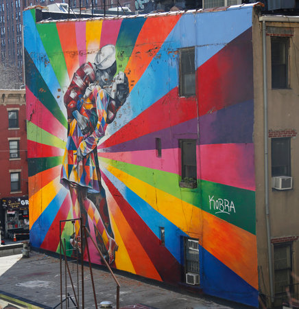 NEW YORK - MARCH 12, 2015: Mural art by Brazilian Mural Artist Eduardo Kobra in Chelsea neighborhood in Manhattan. The mural is based on Alfred Eisenstaedt s 1945 photo from V-J Day in Times Square.のeditorial素材