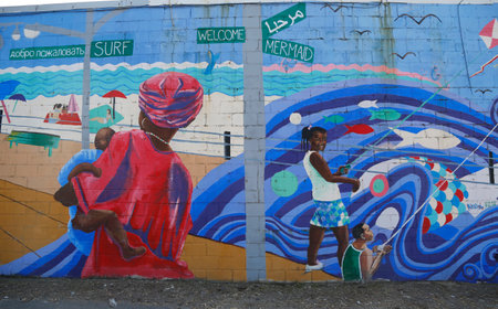NEW YORK - MARCH 19, 2015: Mural art at Coney Island in Brooklyn. A mural is any piece of artwork painted or applied directly on a wall, ceiling or other large permanent surfaceのeditorial素材
