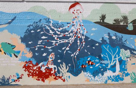 NEW YORK - MARCH 19, 2015: Mural art at Coney Island in Brooklyn. A mural is any piece of artwork painted or applied directly on a wall, ceiling or other large permanent surfaceのeditorial素材