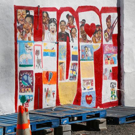 NEW YORK - MARCH 19, 2015: Mural art at Coney Island in Brooklyn. A mural is any piece of artwork painted or applied directly on a wall, ceiling or other large permanent surfaceのeditorial素材