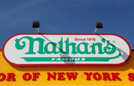 BROOKLYN, NEW YORK - MARCH 19, 2015 : The Nathan s original restaurant sign at Coney Island, New York. The original Nathan s still exists on the same site that it did in 1916のeditorial素材