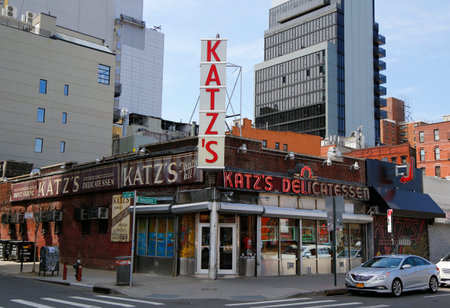 NEW YORK  - APRIL 14, 2015: Historical Katz s Delicatessen (est. 1888), a famous restaurant, known for its Pastrami sandwiches in Lower East Side in Manhattanのeditorial素材