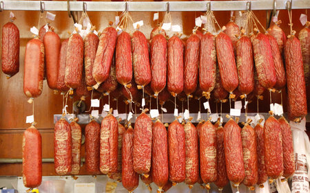 NEW YORK  - APRIL 14, 2015: Popular Salami at the Historical Katz\\\\のeditorial素材