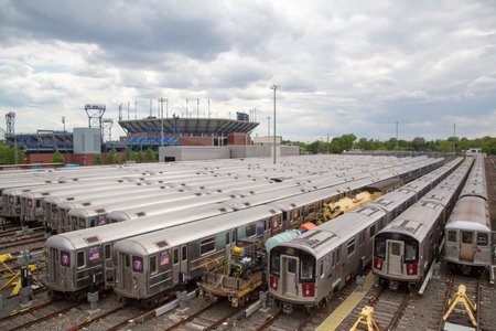 FLUSHING, NEW YORK - MAY 18, 2014: NYC subway cars in a depot. It is the most extensive public transportation system in the world by number of stations, with 468 stations in operationのeditorial素材