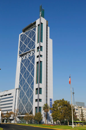 SANTIAGO DE CHILE - APRIL 12, 2015: Telefonica Chile building at Avenida Providencia in Santiago. This cell phone shaped building is one of the first world-class skyscrapers to appear in Santiago.のeditorial素材