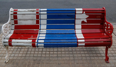 SANTIAGO DE CHILE - APRIL 13, 2015: Painted Benches of Santiago in Las Condes, Santiago de Chile. Project started in 2010 by the art gallery, La Sala, to introduce art into urban spacesのeditorial素材