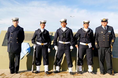 USHUAIA ARGENTINA  APRIL 2 2015: Argentinian Navy in Ushuaia Argentina during Malvinas Day Celebrationのeditorial素材
