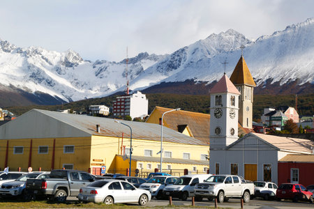 USHUAIA ARGENTINA  APRIL 2 2015: City view with Our Lady of Mercy Church in  Ushuaia Argentinaのeditorial素材