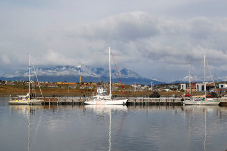 USHUAIA, ARGENTINA - APRIL 2, 2015: Boats and yachts in Ushuaia Harborのeditorial素材